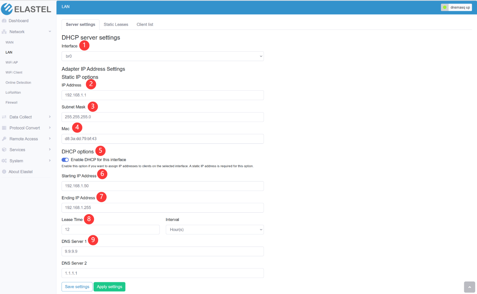 LAN DHCP server setting