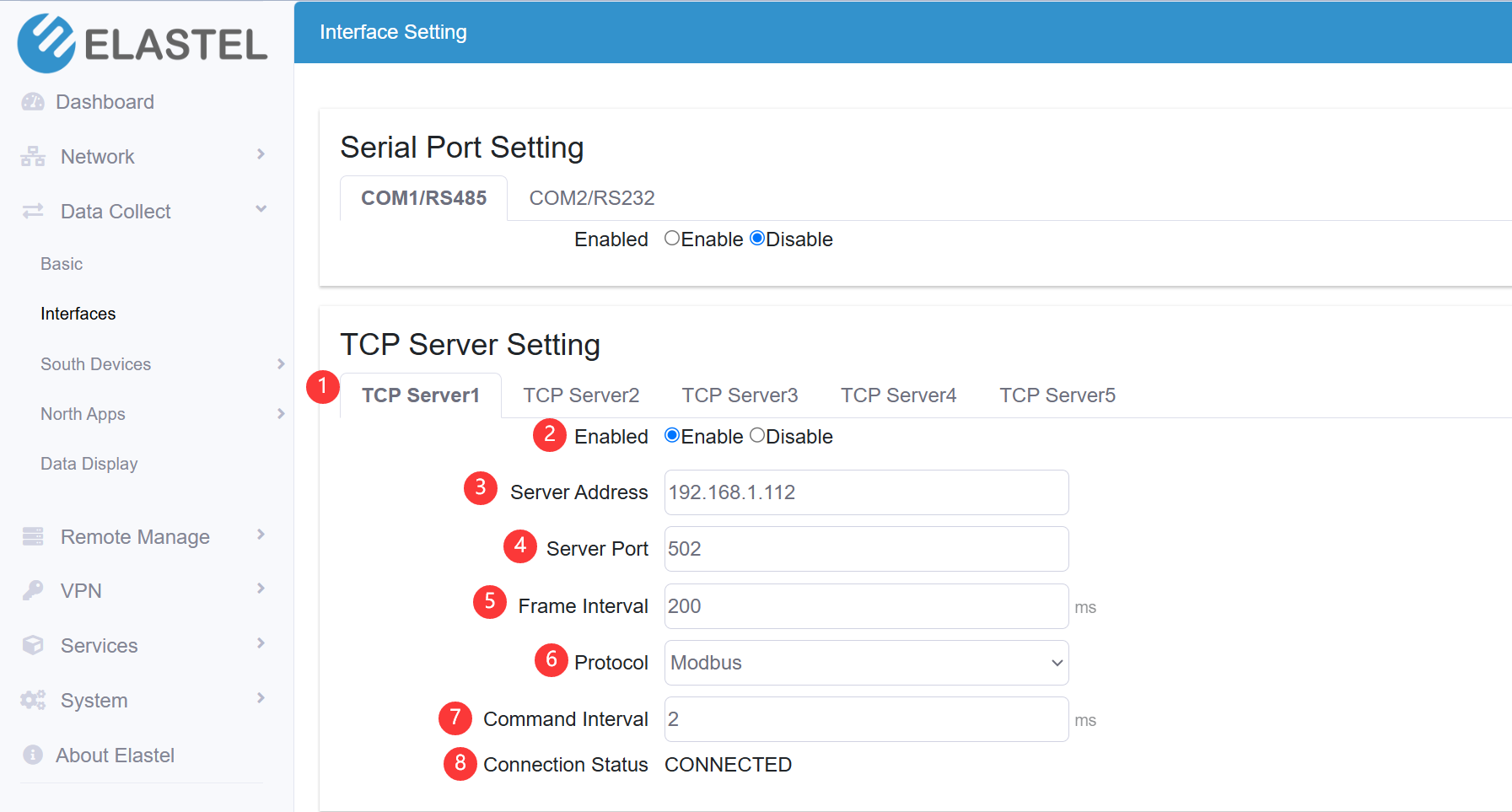 TCP server setting